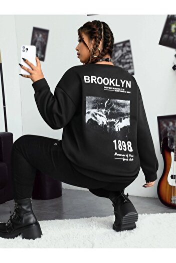 Mythologie Блуза Brooklyn 1898 - Черна блуза с голям размер, с принт с мотив на парчета и обло деколте