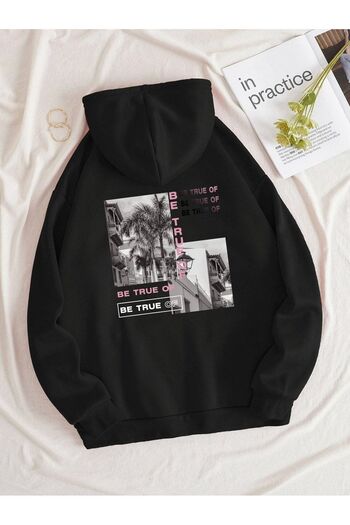 Mythologie Be True Of Sweatshirt - Μαύρο εμπριμέ κουκούλα με κορδέλα