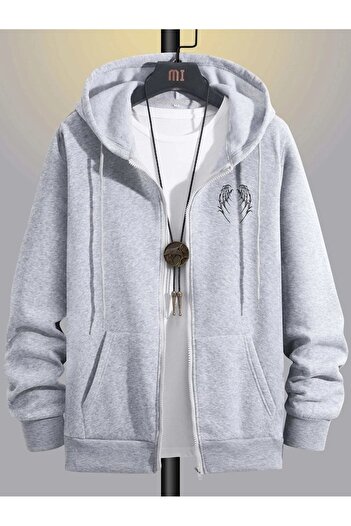 Mythologie Wing Cardigan Sweatshirt - Gray Printed Winter Oversize Hooded Zipper Cardigan