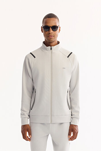 Avva Men's Light Grey Stand Collar Zipper Side Pocket Zipper Textured Interlock Cardigan A52Y1335