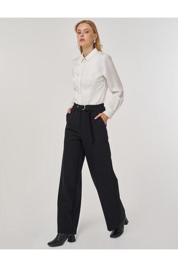 Kayra Metal Buckle Fabric Trousers Black