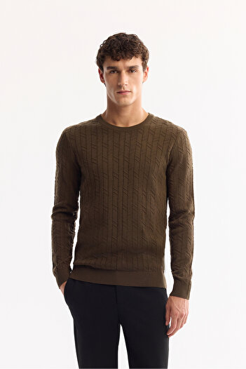 Avva Men's Khaki Crew Neck Jacquard Sweater E005088