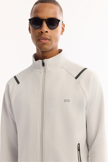 Avva Men's Light Grey Stand Collar Zipper Side Pocket Zipper Textured Interlock Cardigan A52Y1335