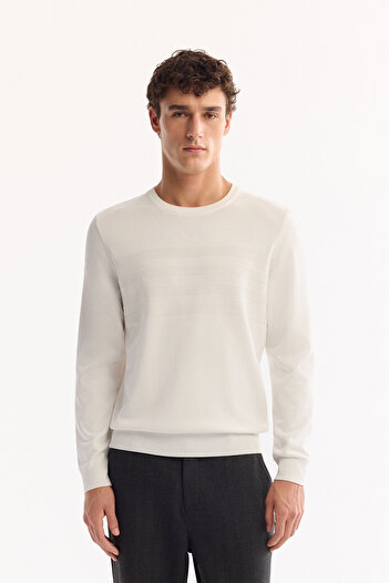 Avva Men's Ecru Crew Neck Front Roba Knit Detailed Rayon Sweater A52Y5015