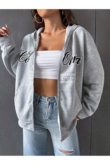 modaberry Calif Ornia Cardigan - Gray Printed Winter Oversize Hooded Cardigan with Zipper Pocket Detail