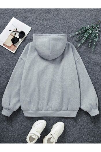 modaberry Michigan 32 Cardigan - Gray Printed Winter Oversize Hooded Zipper Pocket Detailed Cardigan