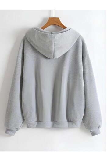modaberry Natural Realm Paris Cardigan - Gray Printed Winter Oversize Hooded Cardigan with Zippered Pocket Detail