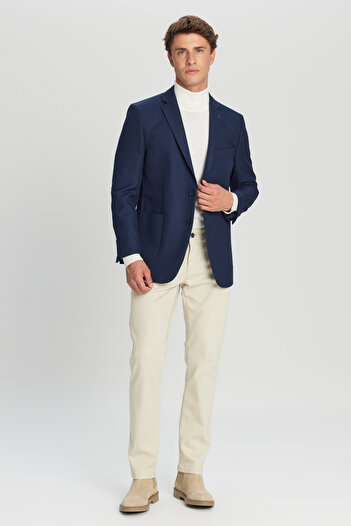 AC&Co / Altınyıldız Classics Men's Navy Blue Slim Fit Slim-Fit Mono Collar Blazer Jacket with Pocket Pockets