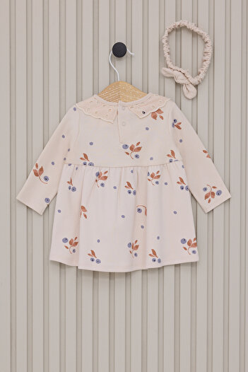 U.S. Polo Assn. Baby Girl Beige Floral Pattern Lace Collar Dress Bandana 2-Piece Set 50322805-Vr011