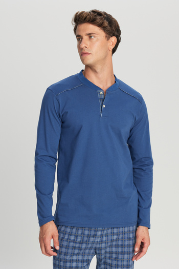 AC&Co / Altınyıldız Classics Men's Indigo 100% Cotton Standard Fit Court Collar Patterned Pocketed Pajama Set