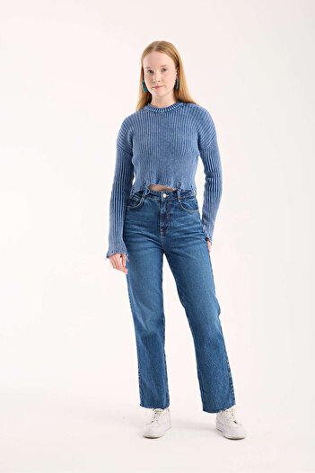 İLKCET MODA Pulover Crop pentru femei din tricot albastru rupt
