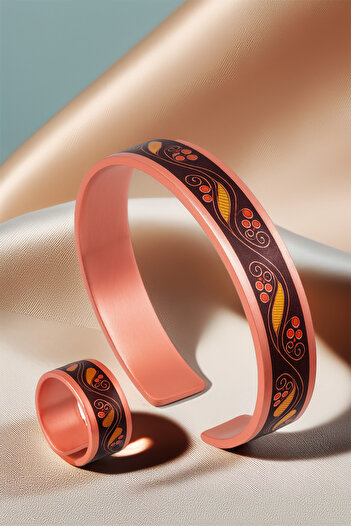 OSMANLI GÜMÜŞ Women's Copper Bracelet Ring Set - Autumn Model Special Edition Metal Box and Quartz Stone