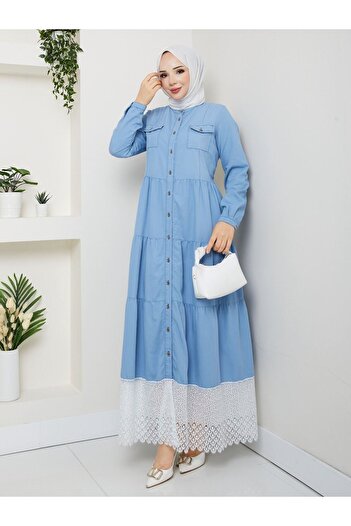 VELLICHOR Lace Detailed Natural Fabric Full Length Buttoned Denim Dress Dark Blue