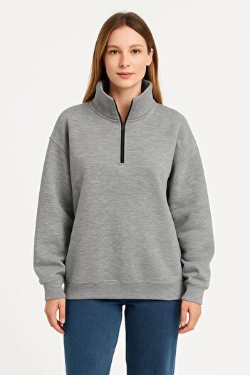 Silerra Women's Three Thread Stand Collar Half Zipper Sweatshirt - Gray