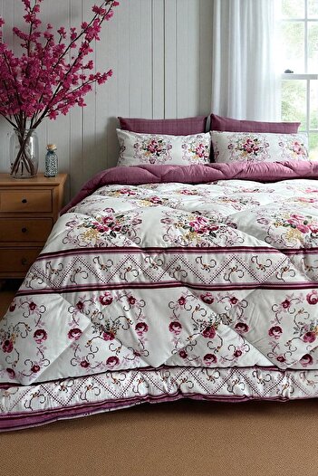 Alla Turca Double Size 4-Piece Pillowcase Set with Elastic Sheets Double-Sided Sleeping Set-Cross Stitch Dried Rose
