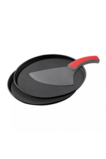 ZENKER Set of 2 pizza trays with knife 7513, 29 cm, Teflon, Black