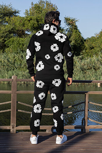 FRANCO RENZO Men's Black 3 Thread Ribbed Floral Printed Cotton Tracksuit Set