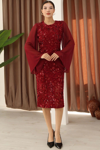 lodmela Velvet Midi Dress with Paillettes and Chiffon Sleeves 6045-Burgundy
