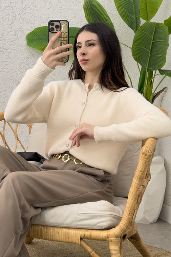Salih Çelebi Plush Knitwear Cardigan 00119 - Ekru