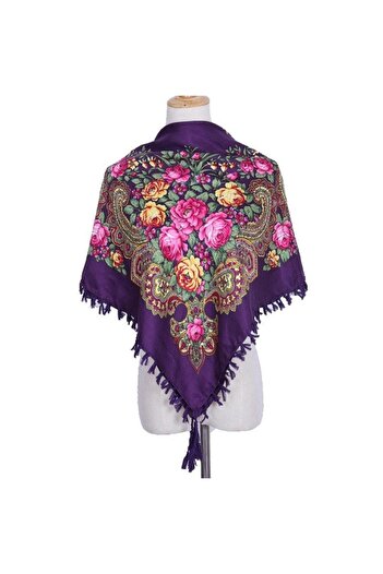 Pursehuit Eșarfă pătrată mov cu ciucuri și imprimeu floral, Astrid C1