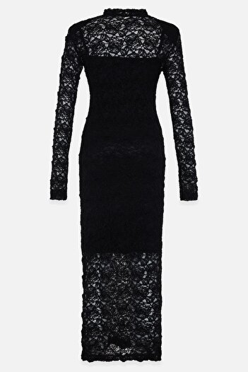Setre Black Lace Detailed Long Sleeve Full Fit Midi Length Dress