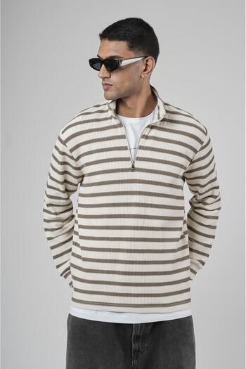 king brich Half Zipper Striped Regular Fit Jacquard Sweatshirt
