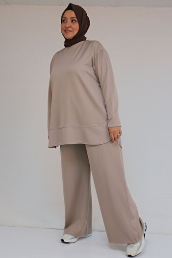 Eslina 57046 Plus Size Skirt Oval Cut Modal Pants Suit - Beige