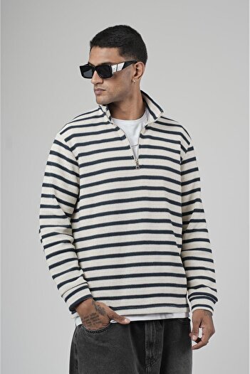 king brich Half Zipper Striped Regular Fit Jacquard Sweatshirt