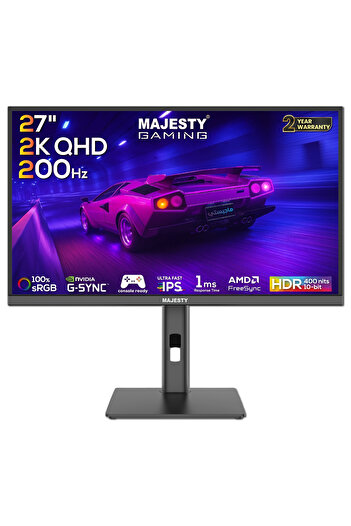 majesty شاشة ألعاب 27 بوصة - QHD 2K، 200 هرتز، 1 مللي ثانية، FAST IPS، HDR400، G-SYNC و FreeSync