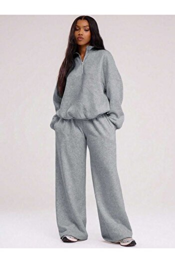 trendgar Gri WideLeg/Geniş Paça Dik Yaka Sweatshirt /Alt Eşofman Takımı