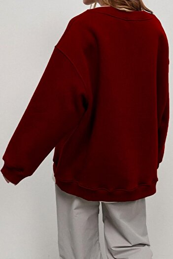 COMBİNE MİCHAİL Kadın Bisiklet Yaka Oversize Bordo Sweat