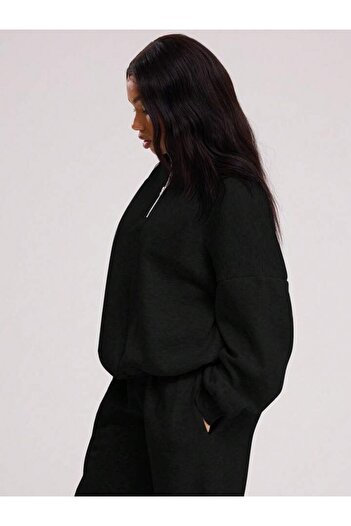 trendgar Siyah WideLeg/Geniş Paça Dik Yaka Sweatshirt /Alt Eşofman Takımı