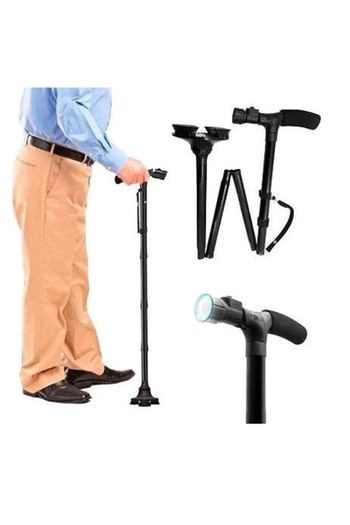 KESNUP Foldable orthopedic walking stick, 4-point ground support with pivoting and LED flashlight, Black