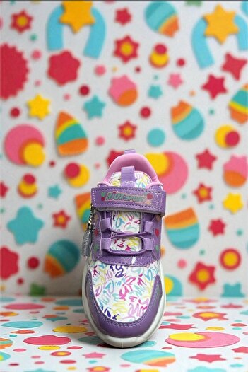 ALTUNTAŞ Girl's Velcro Heart Printed Non-Slip Sole Casual Sports Shoes School Shoes Purple