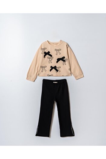 Magu Girl's Cotton Beige Bow Patterned Sweatshirt and Black Pants Set – Stylish and Comfortable Combination