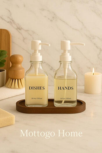 Mottogo 2-Piece Glass Soap Dispenser Detergent Dispenser with Wooden Base (with Dishes-Hands-Soap-Lotion Labels) 500ml