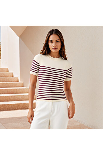 FAV Striped Knit Top with Short Sleeves