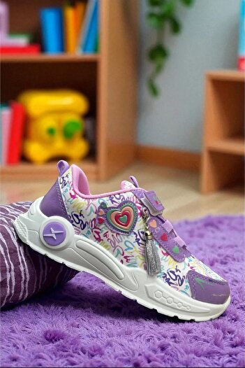 ALTUNTAŞ Girl's Velcro Heart Printed Non-Slip Sole Casual Sports Shoes School Shoes Purple