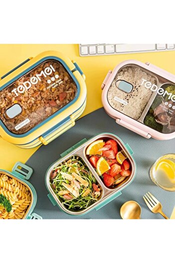 Limmy 2-Layer Compartmented Stainless Steel Storage Container Leak-Proof Lunch Box 1650 ml - Green/Yellow