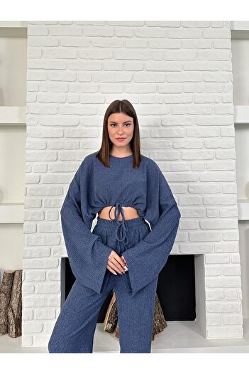 b buhari bykoc Drawstring Long Sleeve Crop Blouse and High Waist Wide Leg Pants Set