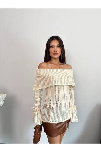 Lamierra Women's Knit Sweater with Open Shoulder Bow
