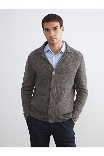 LC Waikiki Beige Standard Mold Jacket Collar Men's Knitwear Cardigan