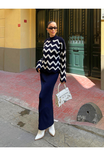 Fav Style Γυναικείο πουλόβερ με μισό ψηλό γιακά με σχέδιο ζιγκ-ζαγκ και αμάνικο μακρύ φόρεμα με λαιμόκοψη σε σχήμα V, πλεκτό σετ μπλε ναυτικό