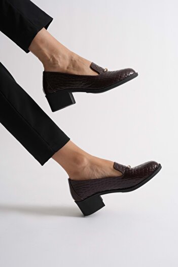 ANALİN SHOES Women's Genuine Leather Crocodile Print Buckle Heeled Shoes - Burgundy Patent Leather