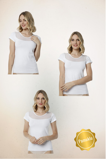 Hmd 3-Pack White Cotton Comfortable Texture Chest Tulle Detailed Short Sleeve Women's Undershirt