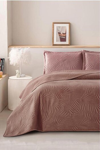 Çeyiz Diyarı Munich Double Luxury Velvet 240X260 cm Bedspread Dusty Rose