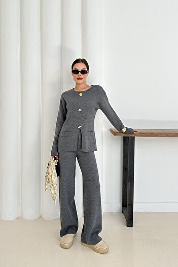 MİROR Women's Anthracite Button Detailed Basic Stylish Two-Piece Knitwear Set