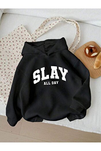trendgar Slay Printed Black Hooded Kangaroo Pocket Sweatshirt Hodie