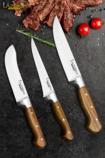 LAZBİSA Hand Craft Mutfak Bıçak Seti Et Ekmek Sebze Salata Börek Bıçağı 3 Lü Set HDS-30