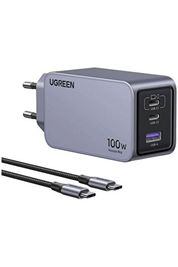 Ugreen Nexode 100W 3-Port GaN Fast Charger EU, 1 x USB-A - 2 x USB-C, Gray